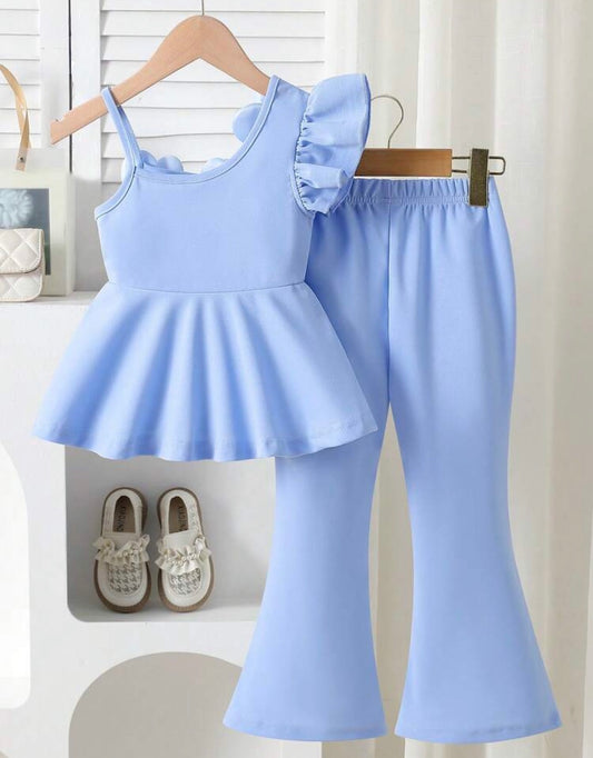 3D Floral Pearl Decor Asymmetric Hem Top + Flare Pants 2pcs Set