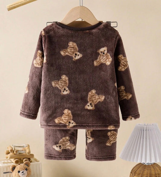 Winter Flannel Cartoon Bear Print Long Sleeve Top And Pants