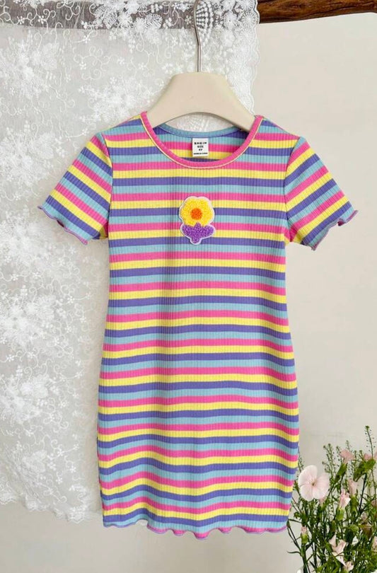 Knitted Striped Round Neck 3D Floral Casual Dress
