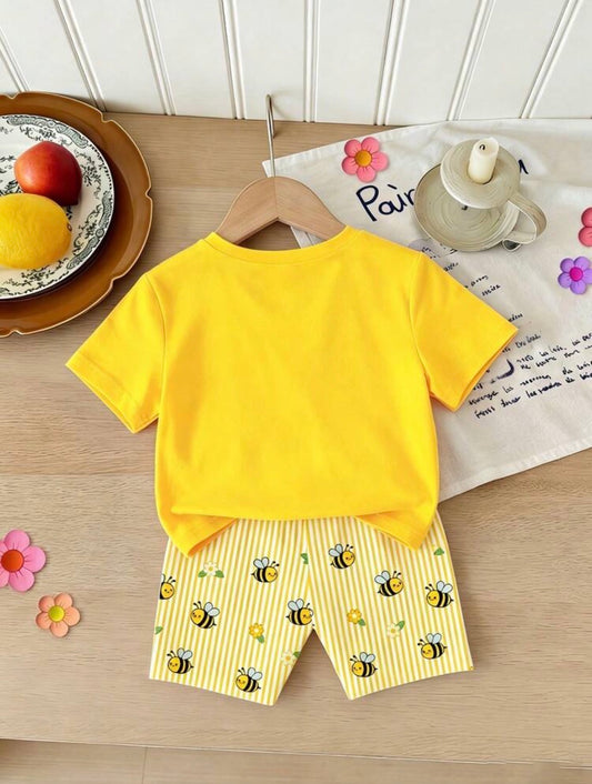 Bee&Floral Print Striped Short Sleeve T-Shirt+Shorts