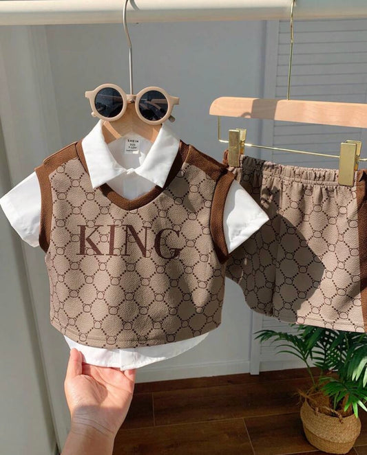 3pcs Baby Boy Casual Cute School Style Khaki Short Sleeve T-Shirt Set