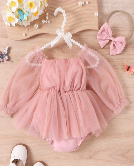Contrast Lace Flounce Sleeve Mesh Overlay Bodysuit & Headband