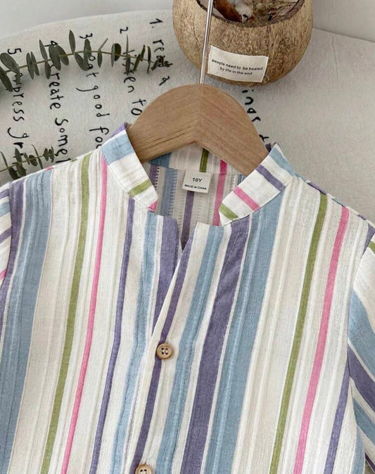 LMoss Woven Solid Color Casual Shirt And Striped Long Pants 2 Pieces Set