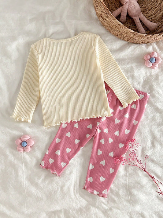 Cozy Pixies Newborn Girl Heart Knit Crew Neck Pullover and Pants 2-Piece Set