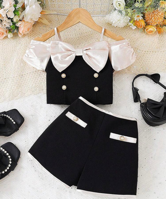 2pcs/Set Satin Bow Camisole Top And Colorblock Shorts