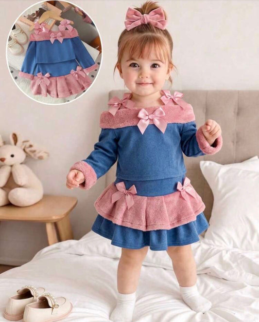 2pcs Vintage Bowknot Wide Strap Decor Plush Collar Off-Shoulder Top & Patchwork Pleated Mini Skirt Set