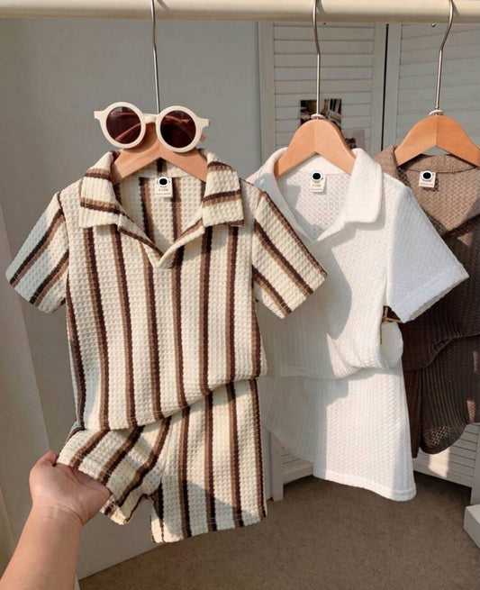6pcs/Set Knit Striped Polo Shirt And Shorts Set