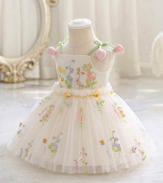 3D Floral Embroidered Princes dress Spaghetti Strap