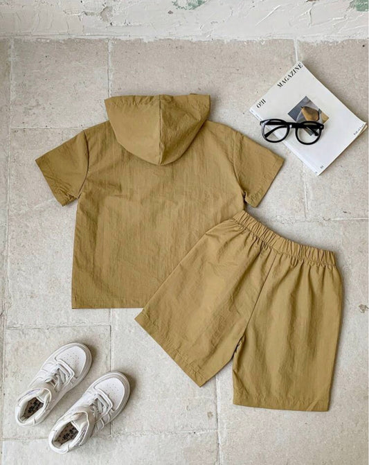 2 Pieces Hooded Jacket With Letter Print And Elastic Waist Shorts