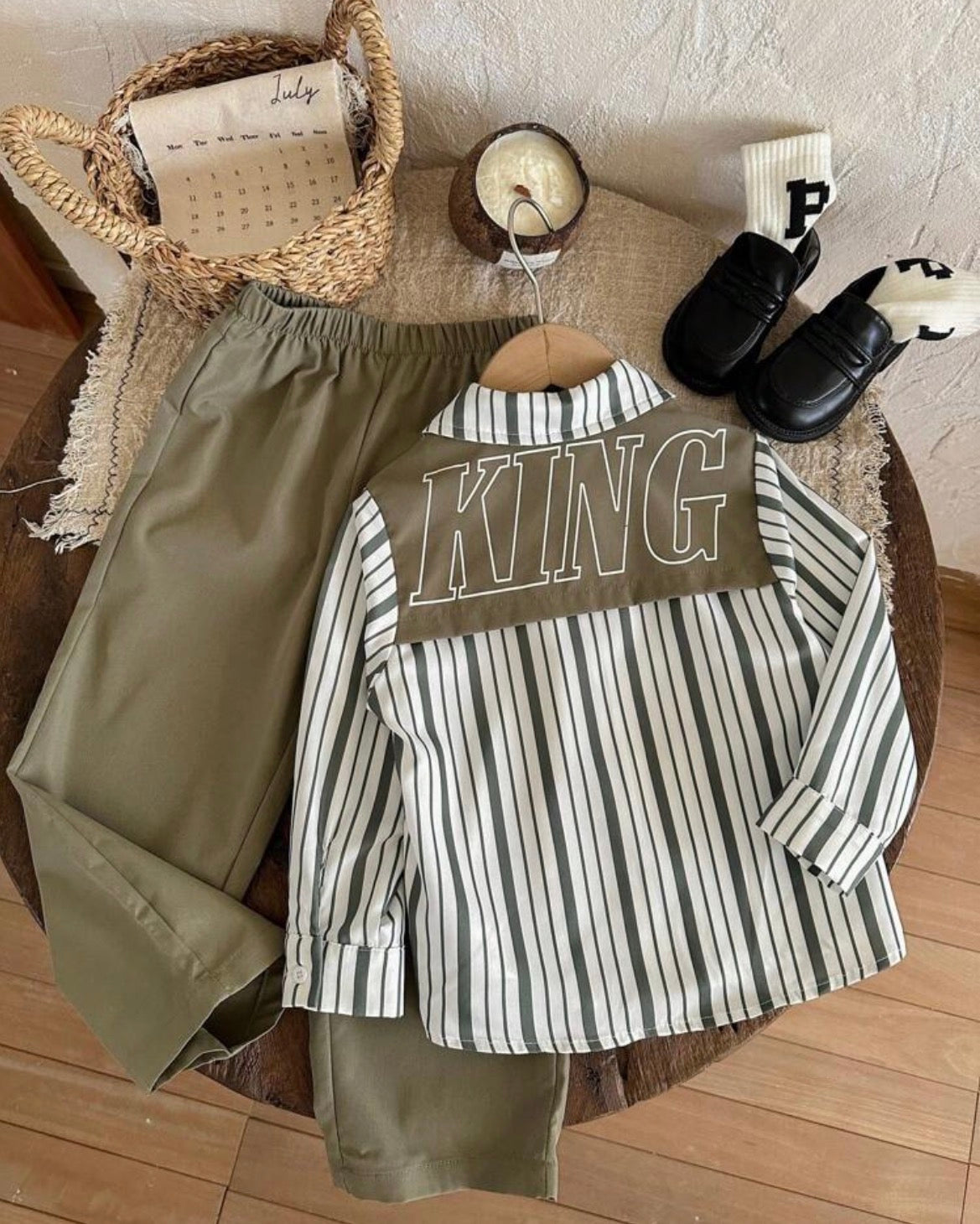 Vintage Striped Collar & Big Letter Print Shirt And Pants Set