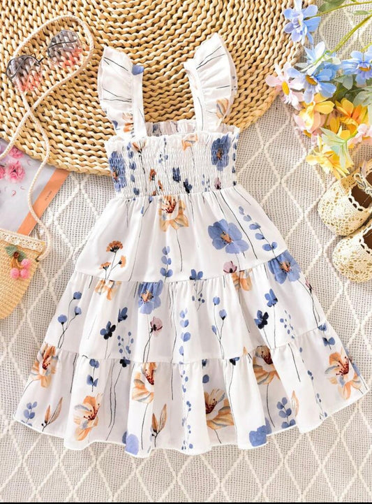 Floral Print Ruffle Layered Cap Sleeve Dress