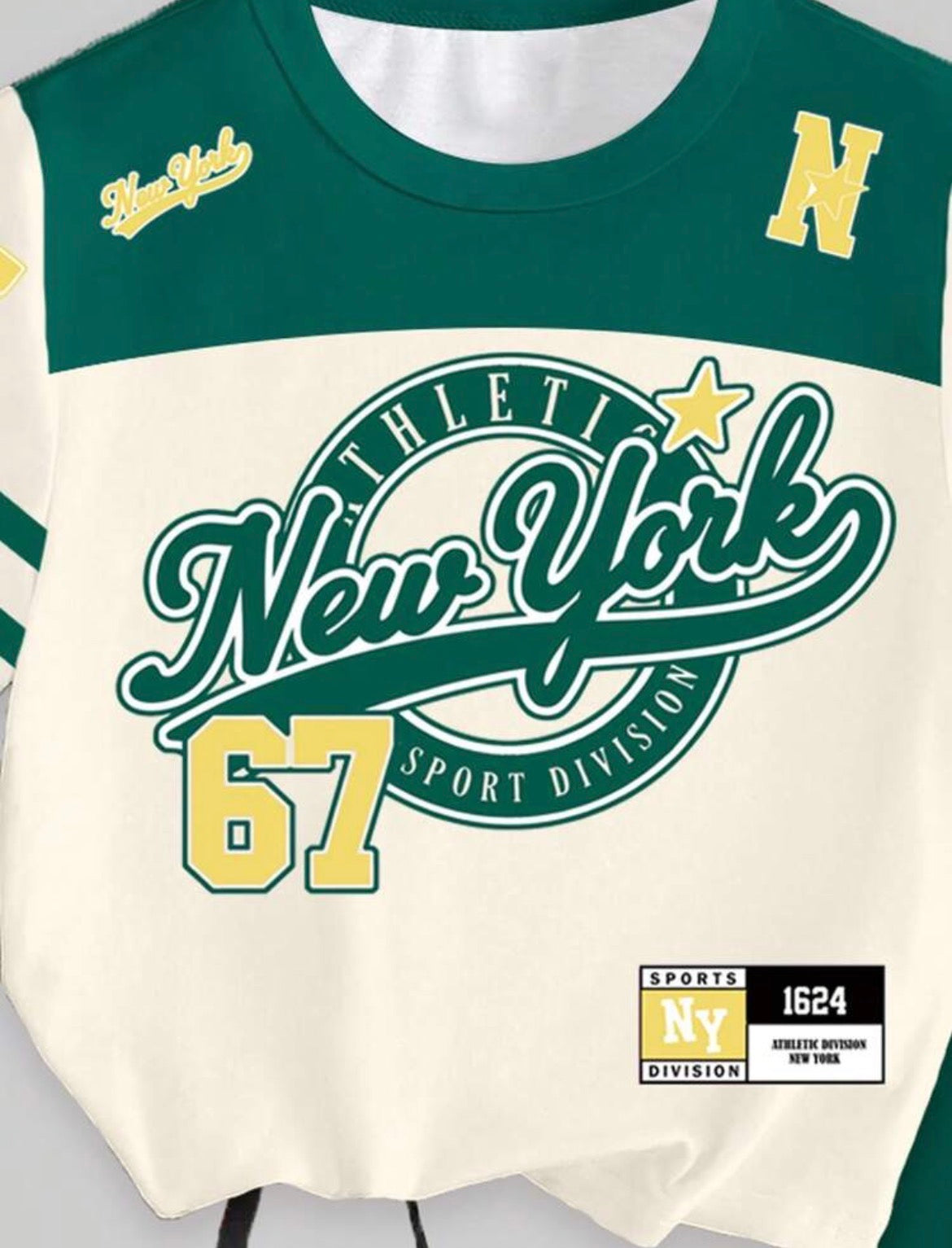 New York 67 Badge Stripe Green Yellow Color Block Letter Slogan Graphic Print Short T-Shirt And Leggings Set