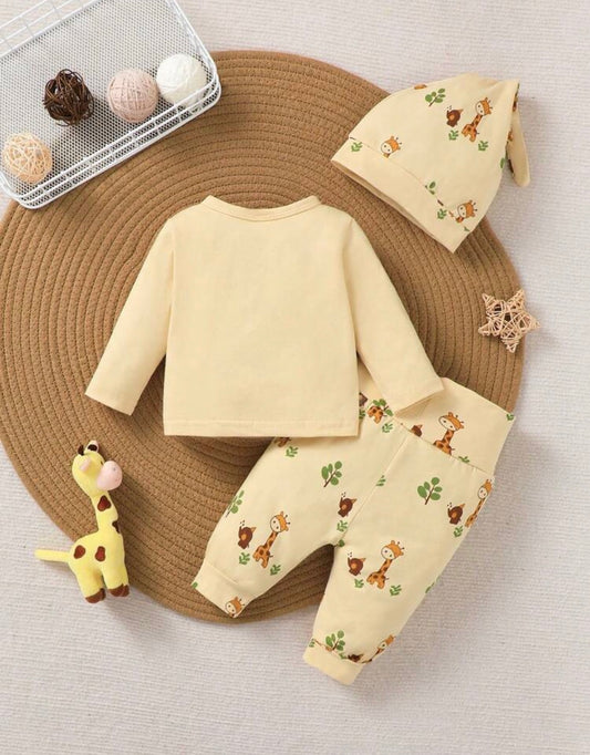 Cartoon Giraffe Print Single-Breasted Long Sleeve Top And Pants Set With Hat