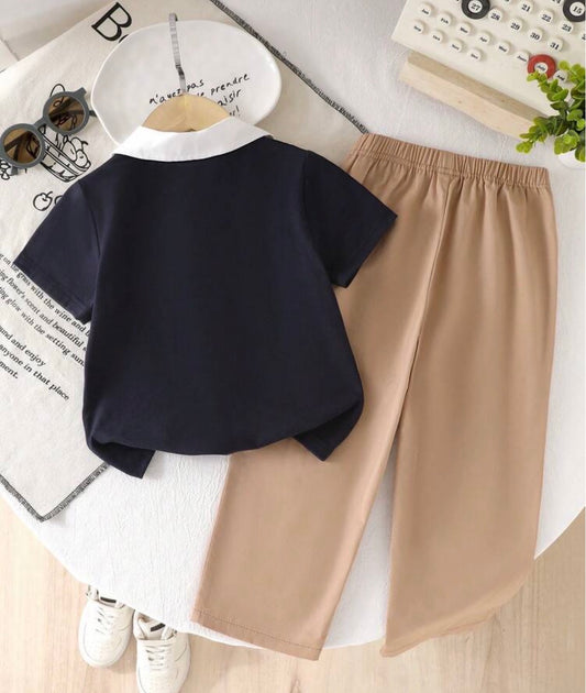2pcs/Set Polo Shirt With 2 In 1 Design, Stylish Small Pattern Accent, Paired With Beige Casual Elastic Waist Loose Pants