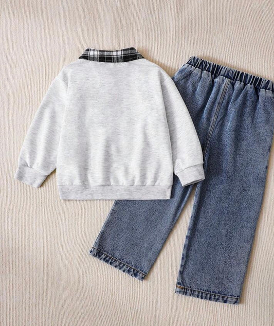Winter Polo Collar Letter Print Pattern Long Sleeve Drop Shoulder Polo Shirt And Distressed Patchwork Plaid Elastic Waist Straight Leg Denim Pants Set