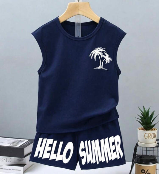 2pcs/Set Sleeveless Crew Neck Palm Tree Printed Top And Letter Shorts Outfit