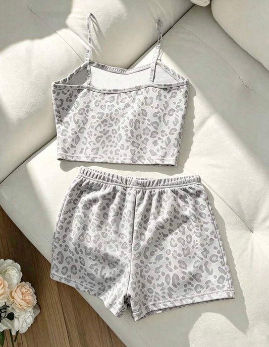 Light Gray Leopard Print Camisole Drawstring Waist Top And Casual Sports Shorts