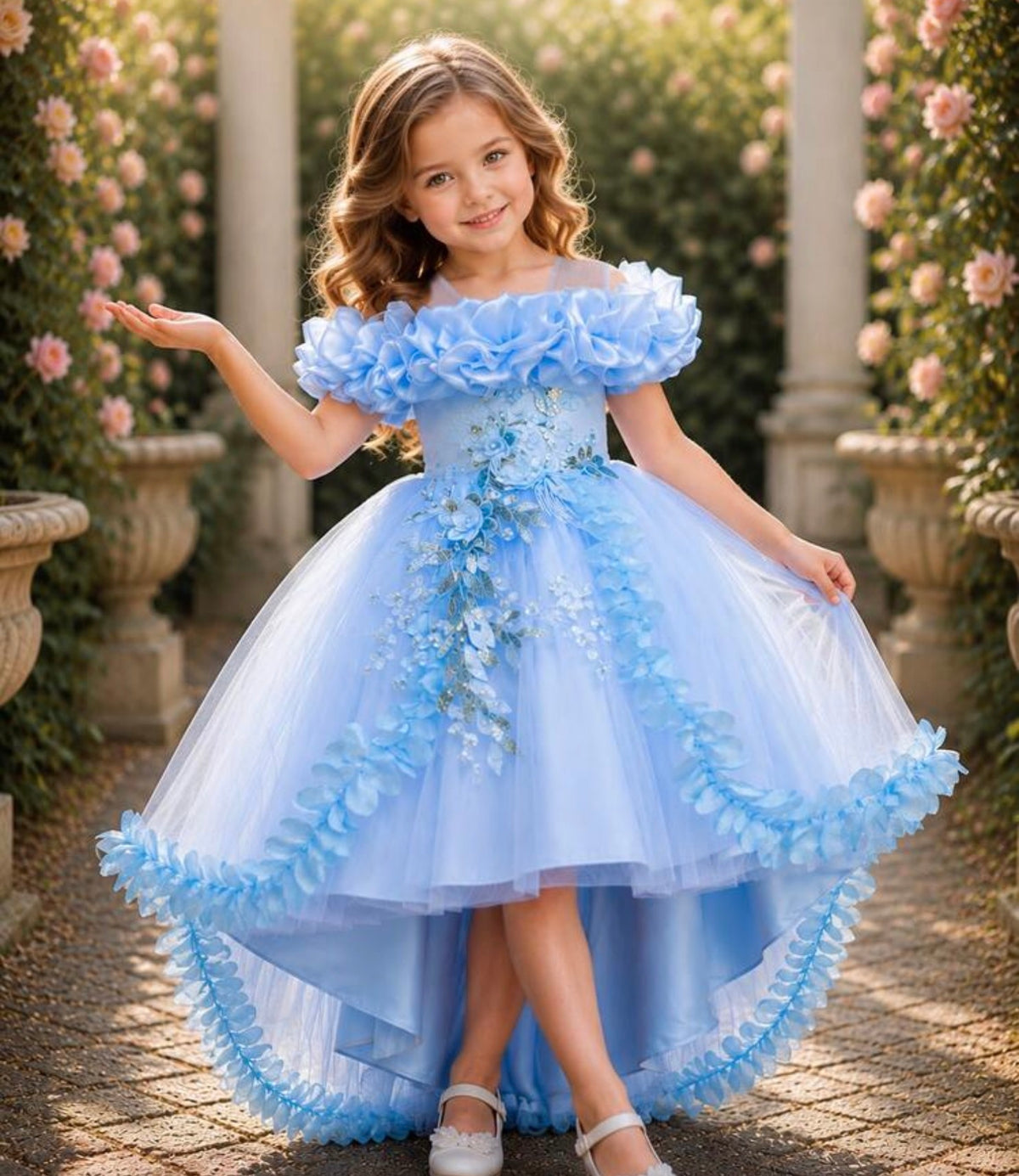 Lace Beaded Floral Petal Elegant Asymmetric Hem Flower Girl Wedding Party Princess Dress