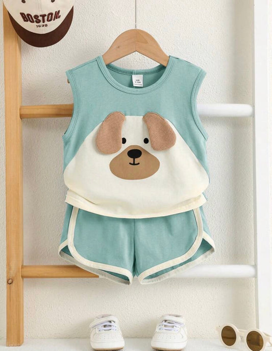 2pcs/Set Cartoon Print Contrast Color Sleeveless Vest & Shorts Set