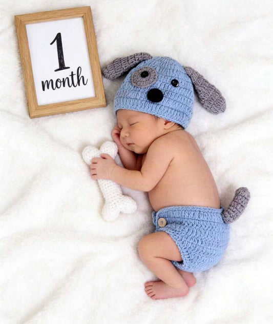 3pcs Blue Puppy Handmade Knitted Newborn Baby Photography Prop