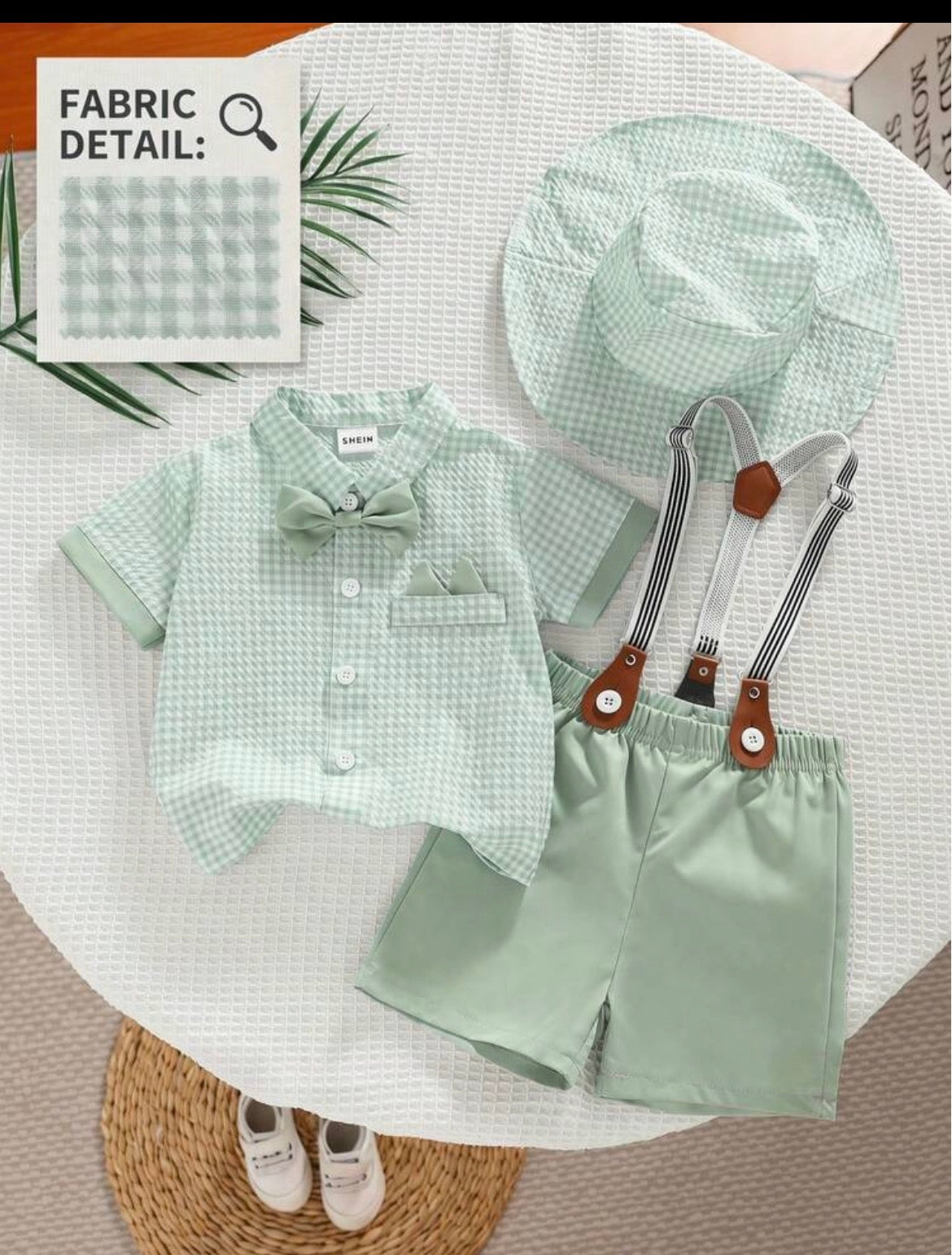 4pcs Sage Green With Short Sleeve Shirt,Shorts,Bow