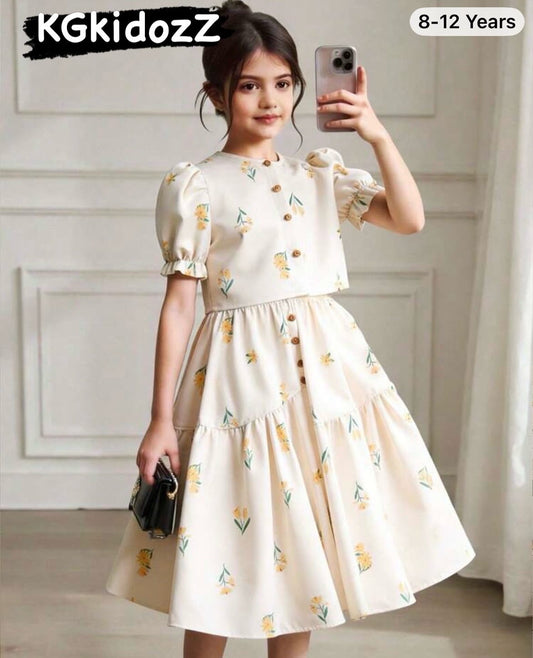 Print Petal Sleeve Shirt Asymmetric Button Skirt Set,