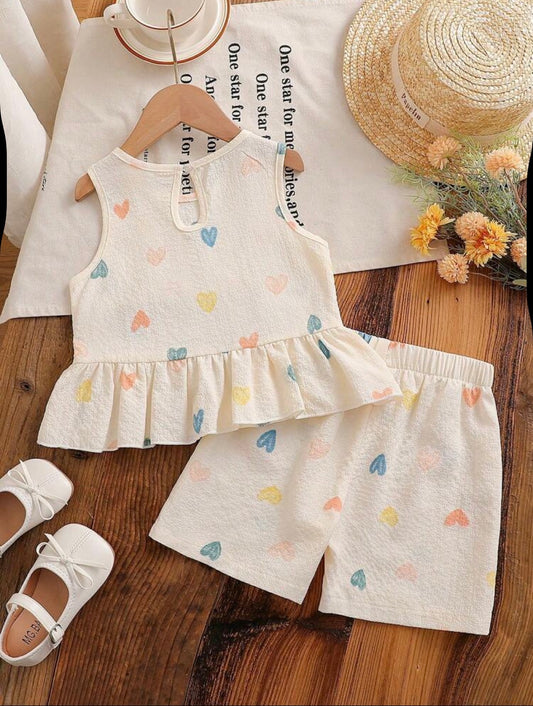 Heart Print Ruffle Sleeveless Top & Shorts