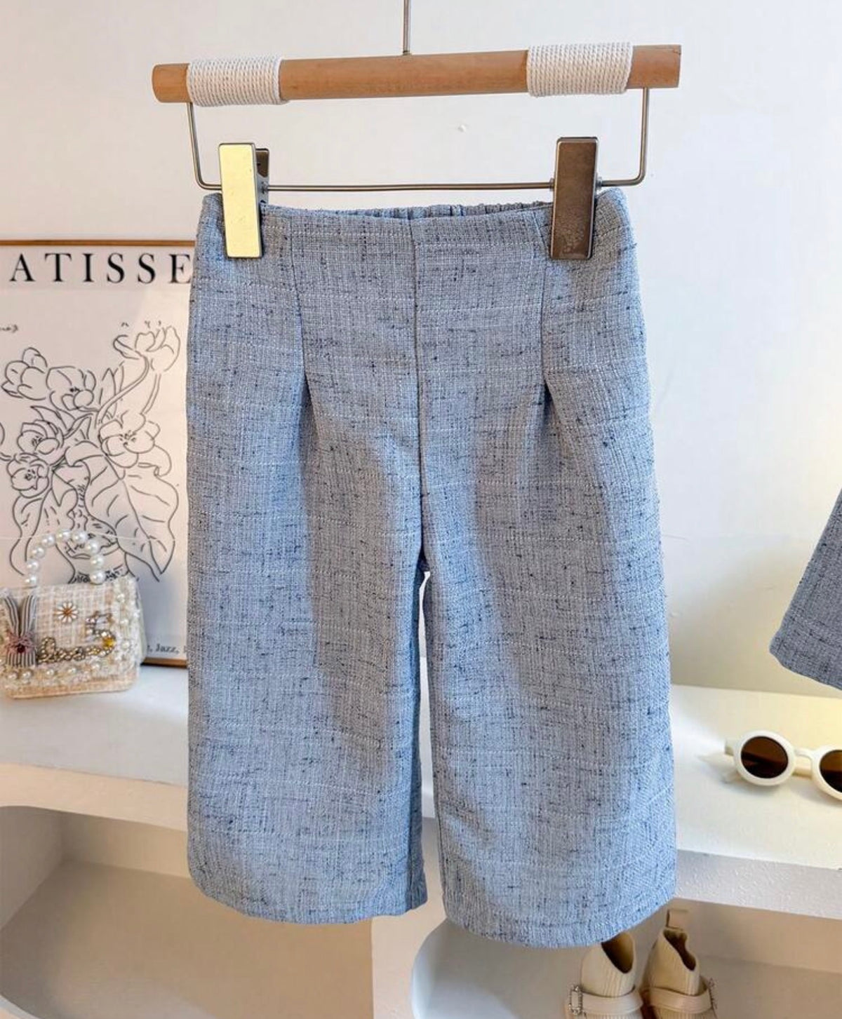 2 Pieces Set, Light Blue Tweed Short Blazer Paired With Matching Wide Leg Pants