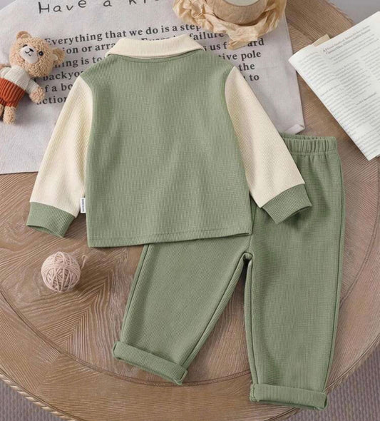 2pcs/Set Waffle Knit POLO Neck Long Sleeve Top & Pants Set