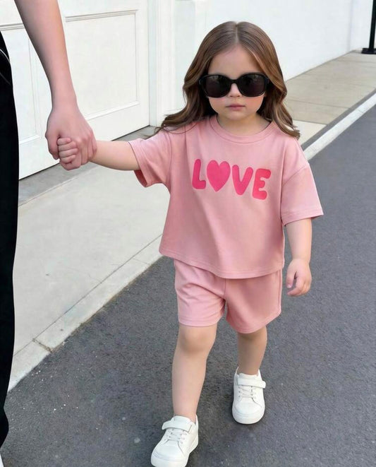 Knit Pink Letter Print Short Sleeve T-Shirt Shorts Set