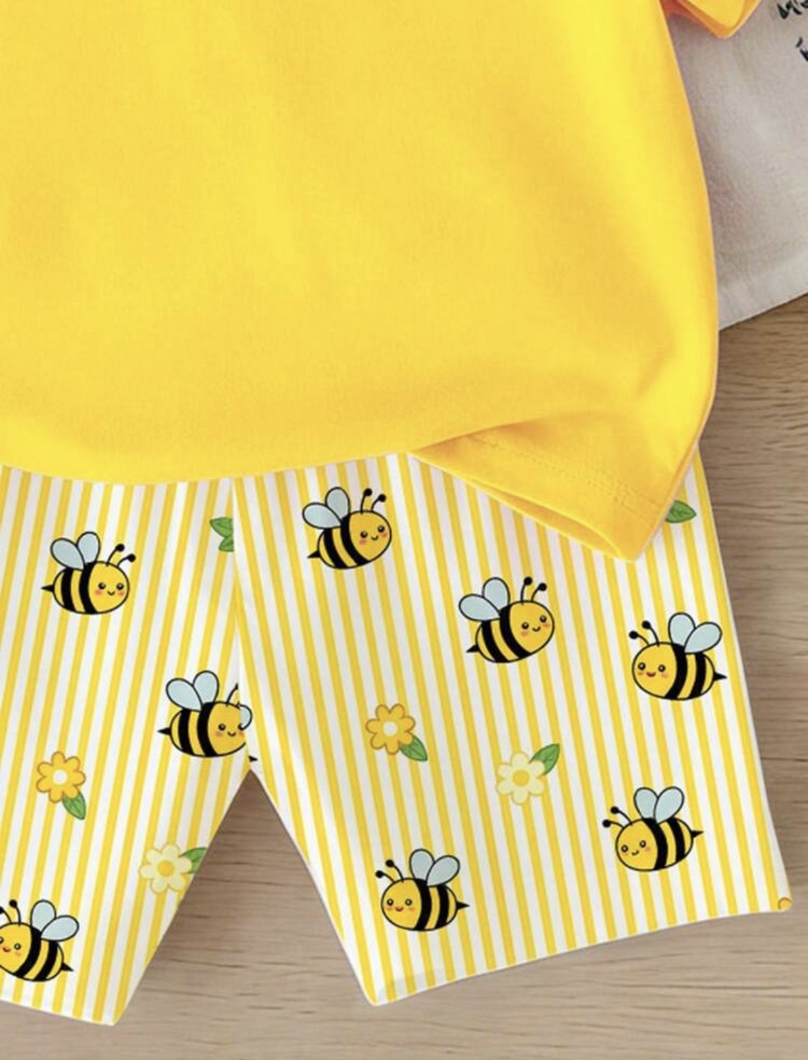 Bee&Floral Print Striped Short Sleeve T-Shirt+Shorts