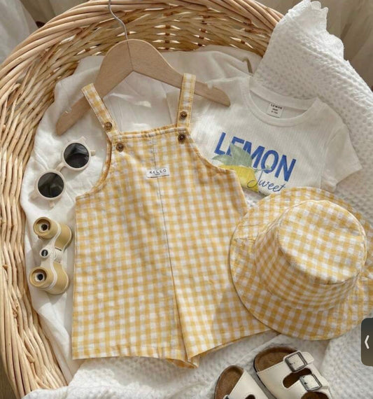 2pcs/Set Versatile Khaki Striped Bib Shorts With Matching Hat