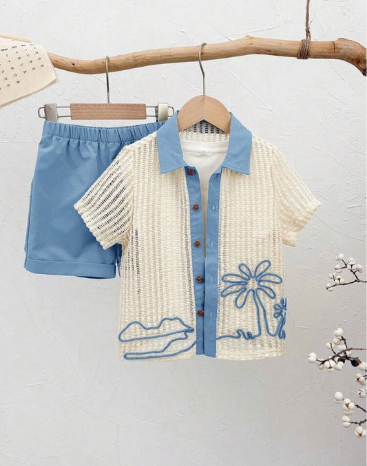 2pcs/Set Coconut Tree Hollow Out Short Sleeve Shirt And Shorts