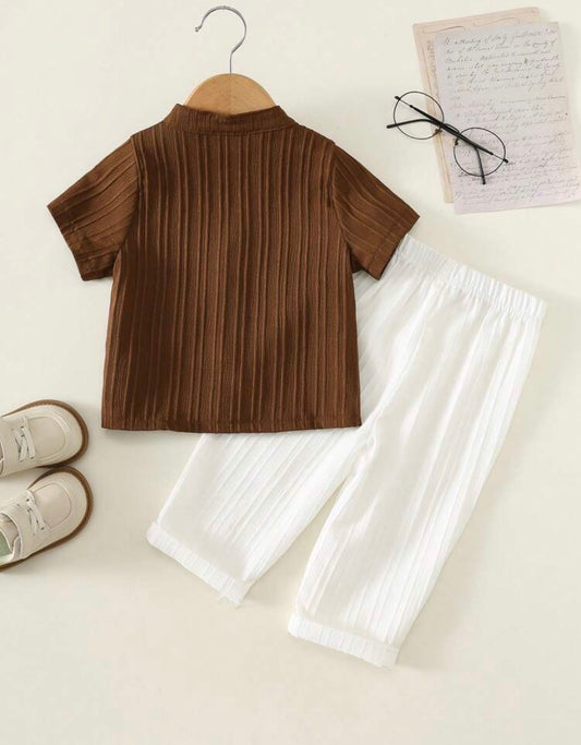 2pcs Striped Stand Collar Short Sleeve Shirt And Long Pants Set