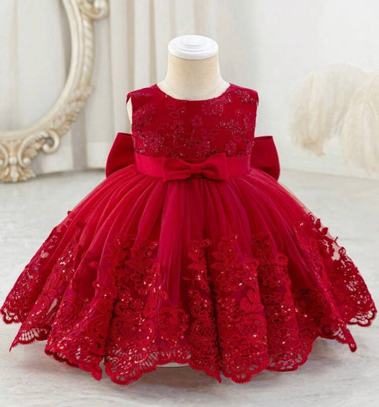 Embroidered Sequin Mesh Burgundy Sleeveless V-Back Dress With Detachable Bow