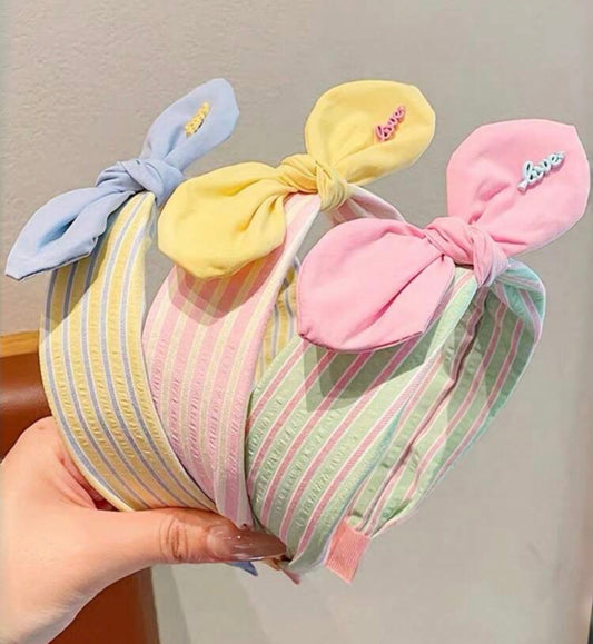 Versatile Rabbit Ear Bow Striped Wide Fabric Headbands