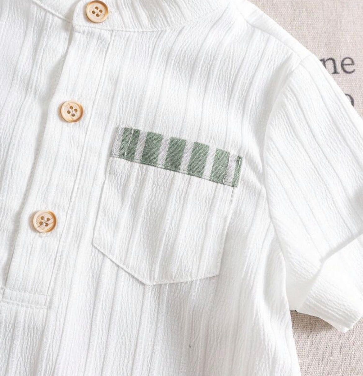 Striped Co-Ord Set Casual Short Sleeve Stand Collar Shirt And Pants Patched Regular Fit