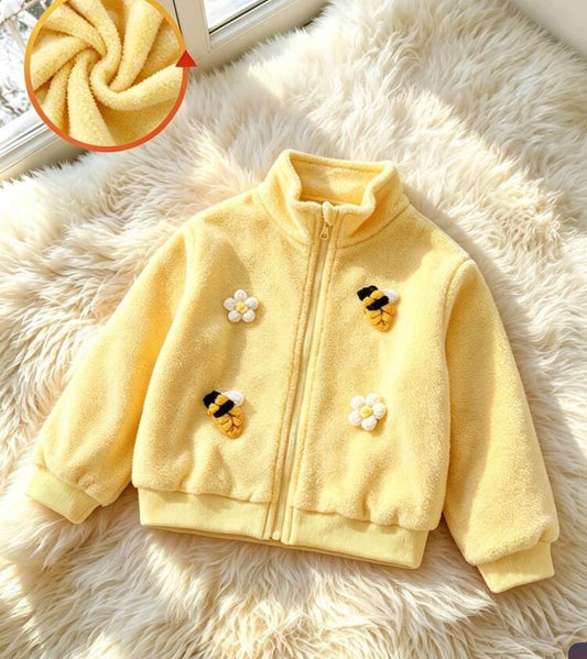 3D Bee & Flower Fuzzy Zipper Jacket