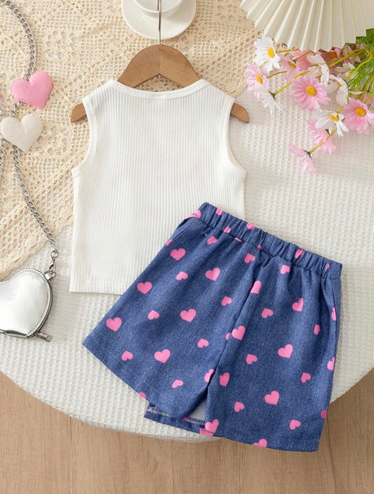 White Knit Ribbed Letter Print Crew Neck Sleeveless Pullover Top + Denim Blue Heart Print Skort