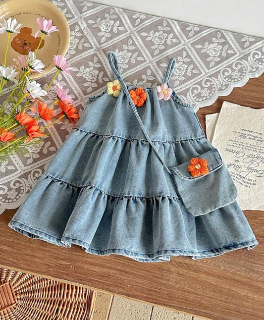 3D Flower Decor Denim Sleeveless Dress & Bag Set,