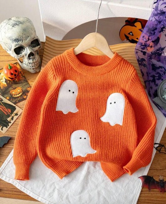Halloween Pumpkin Crew Neck Long Sleeve Chunky Knit Sweater