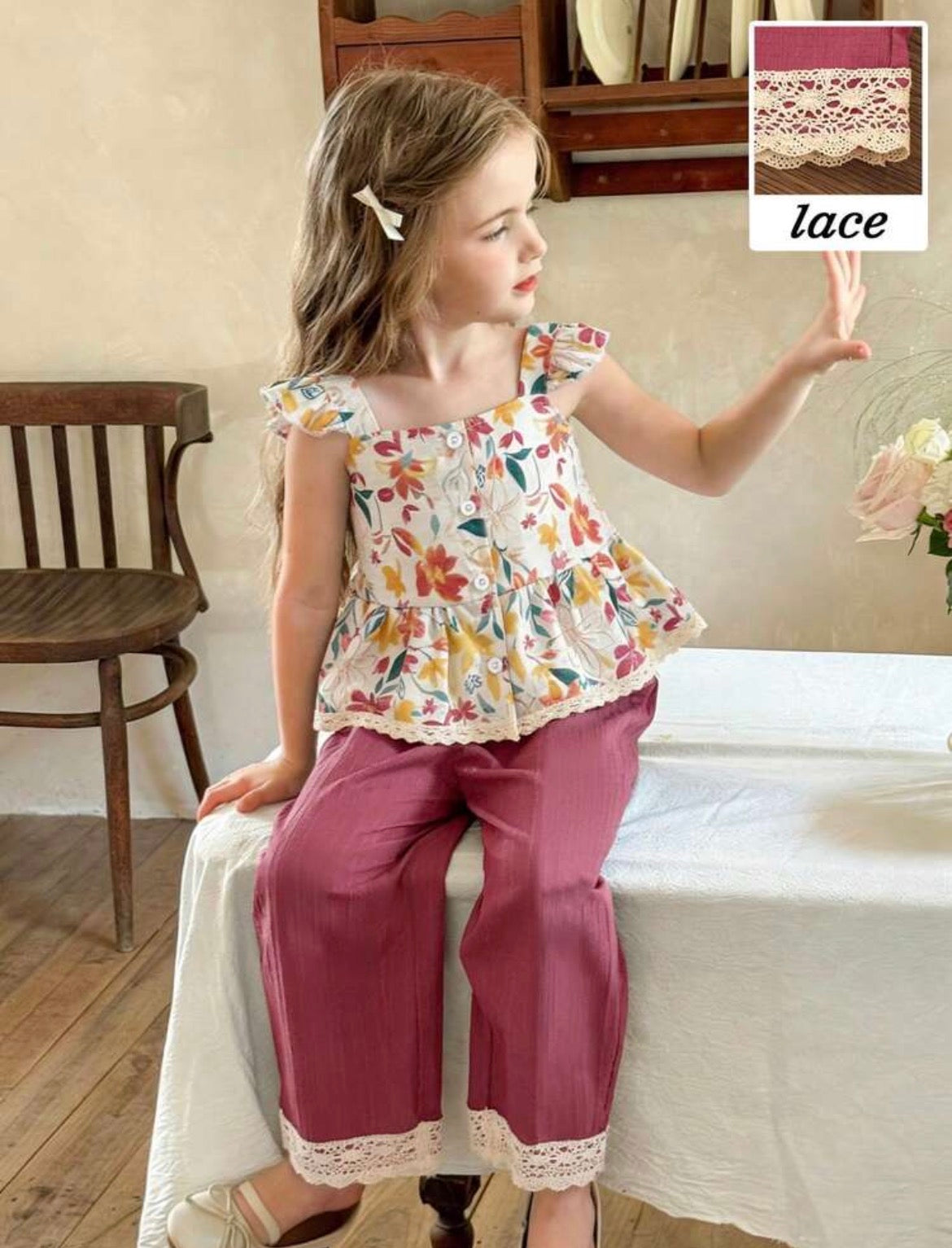 Hem Embroidery Sleeveless Top And Long Pants 2-Piece Set