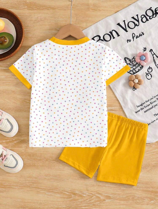 Bee Pattern Digital Print, Girls Casual Polka Dot Short Sleeve T-Shirt And Yellow Leggings