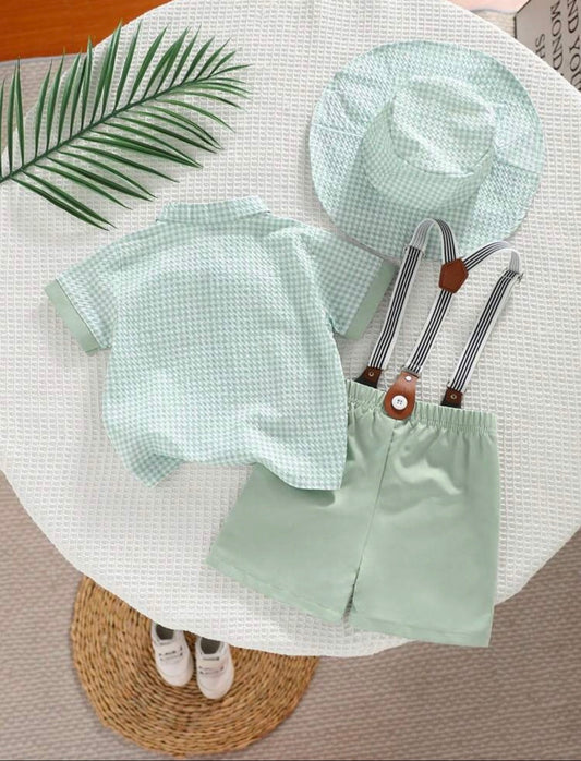 4pcs Sage Green With Short Sleeve Shirt,Shorts,Bow