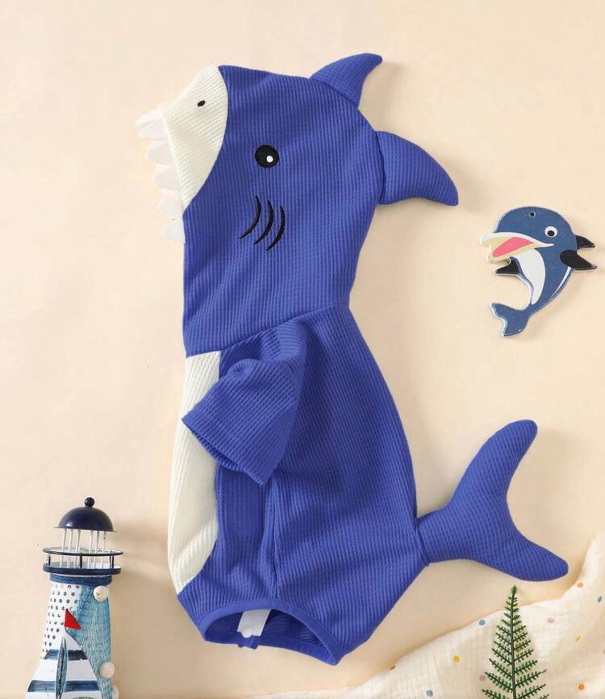 Shark 3D Embroidered Short Sleeve Hooded Romper