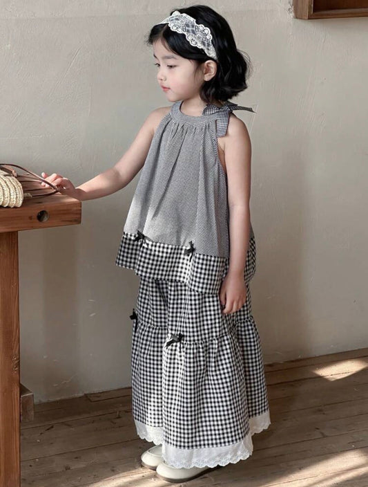 2pcs/Set Young Girl Plaid Patchwork Bow Decor Halter Top & Wide Leg Pants