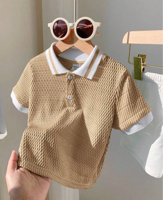 2pcs Polo Collar Short Sleeve Pullover Top And Elastic Waist Solid Color Shorts Set