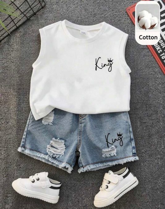Sleeveless T-Shirt And Denim Shorts Set
