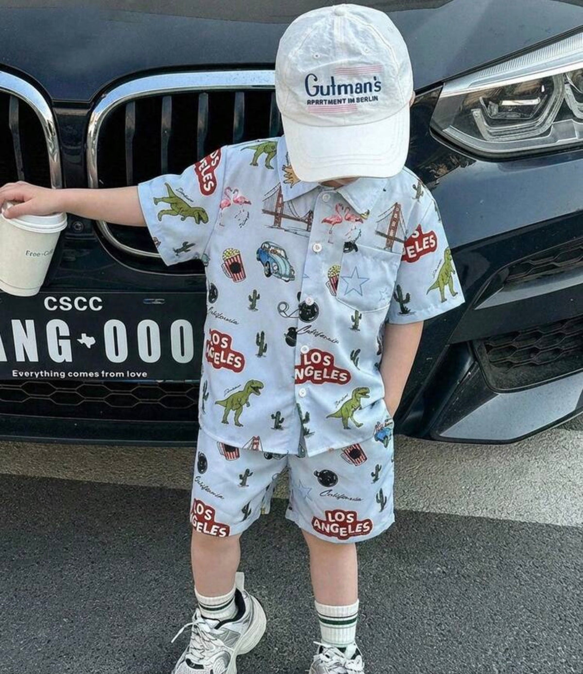 2pcs/Set Cartoon Pattern Polo Collar Short Sleeve Cardigan And Shorts