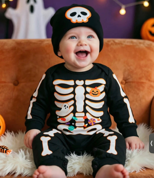 2pcs Toddler Newborn Baby Boy Ghost Pumpkin All-Over Print Halloween Party Crew Neck Long Sleeve Cuffed Jumpsuit With Hat